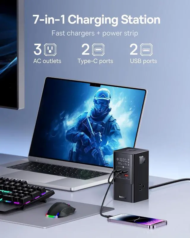 Alt view image 2 of 7 - Baseus 7-in-1 USB C Charging Station, 100W PowerCombo Fast Charging Power Strip with 3AC+2U+2C USB, USB C Charging Station for Desktop Accessories, MacBook, Tablets in Office, Home and Dorm