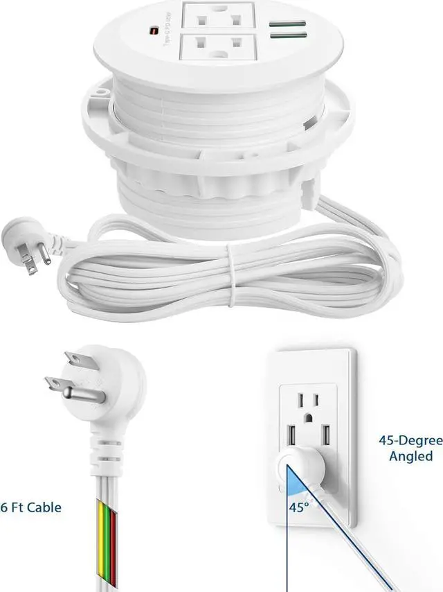 Alt view image 5 of 7 - Desktop Power Grommet,Max 65W USB C Charger,2 Outlets and 3 USB, High-Speed Charging Station, Flush Mount Desk Hole Round Power Outlet, Recessed Power Strip,6ft Cord Flat Plug