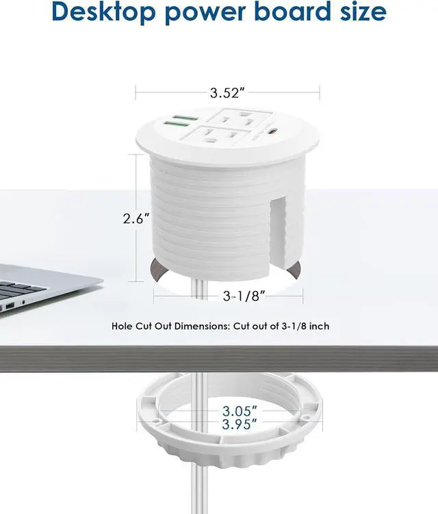 Alt view image 6 of 7 - Desktop Power Grommet,Max 65W USB C Charger,2 Outlets and 3 USB, High-Speed Charging Station, Flush Mount Desk Hole Round Power Outlet, Recessed Power Strip,6ft Cord Flat Plug