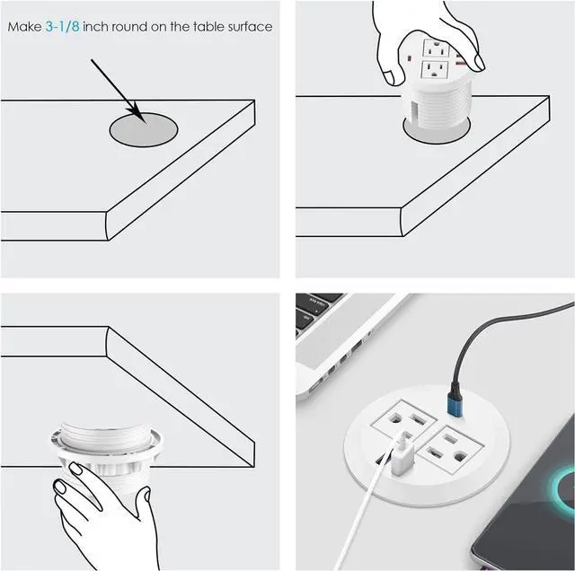 Alt view image 7 of 7 - Desktop Power Grommet,Max 65W USB C Charger,2 Outlets and 3 USB, High-Speed Charging Station, Flush Mount Desk Hole Round Power Outlet, Recessed Power Strip,6ft Cord Flat Plug