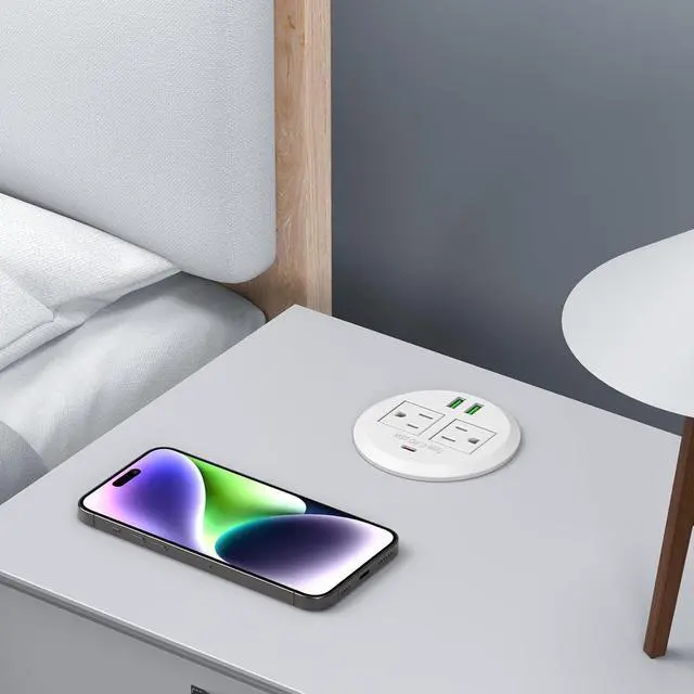 Alt view image 4 of 7 - Desktop Power Grommet,Max 65W USB C Charger,2 Outlets and 3 USB, High-Speed Charging Station, Flush Mount Desk Hole Round Power Outlet, Recessed Power Strip,6ft Cord Flat Plug