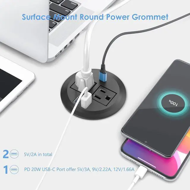 Alt view image 3 of 7 - Recessed Power Grommet with AC Outlets, 20W Fast Charging USB-C Port - Flush-Mount for Desktop,Workspace Essential Desk Outlet
