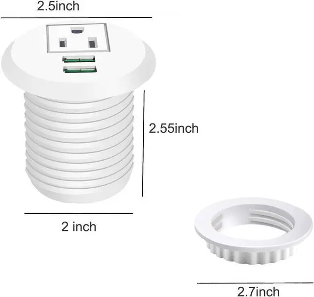 Alt view image 5 of 6 - Desktop Power Grommet,Desk Grommet Outlet 2 inch Hole,Power Grommet with USB, Easy Access to 1 Power Source Along with 2 USB Power Port Connections(White)