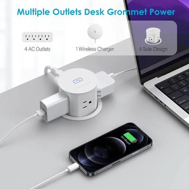 Alt view image 2 of 7 - Pop Up Outlet with 15W Wireless Charger,4 Outlets 15A, Splash Resistant,3 inch Desk Hole Power Grommet,Space Saver Pop Up Power Outlet for Kitchen Countertop,Office Conference Table (White)