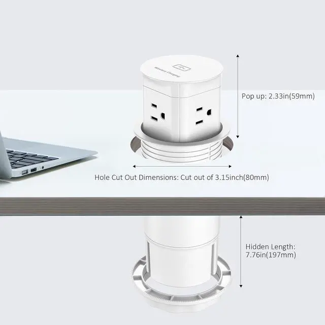 Alt view image 5 of 7 - Pop Up Outlet with 15W Wireless Charger,4 Outlets 15A, Splash Resistant,3 inch Desk Hole Power Grommet,Space Saver Pop Up Power Outlet for Kitchen Countertop,Office Conference Table (White)