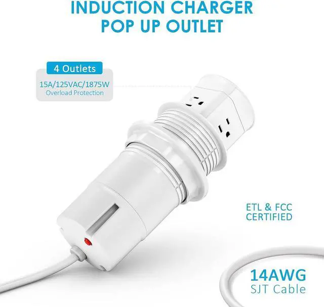 Alt view image 4 of 7 - Pop Up Outlet with 15W Wireless Charger,4 Outlets 15A, Splash Resistant,3 inch Desk Hole Power Grommet,Space Saver Pop Up Power Outlet for Kitchen Countertop,Office Conference Table (White)