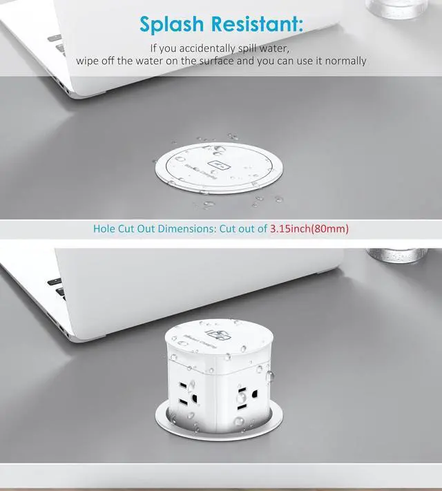 Alt view image 6 of 7 - Pop Up Outlet with 15W Wireless Charger,4 Outlets 15A, Splash Resistant,3 inch Desk Hole Power Grommet,Space Saver Pop Up Power Outlet for Kitchen Countertop,Office Conference Table (White)