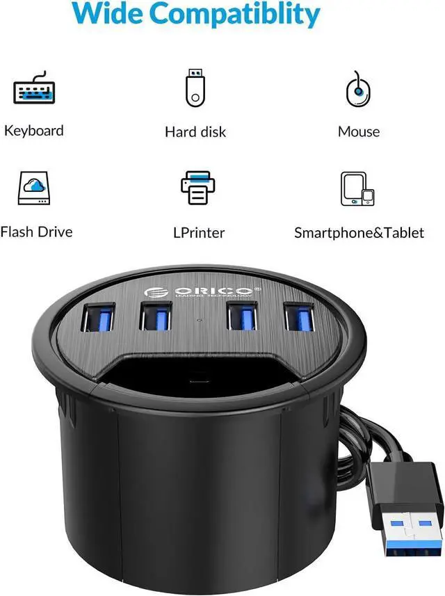 Alt view image 3 of 7 - Desk Grommet, 4 Port USB 3.0 Hub, 5Gbps Data Transmission with 4.9ft Cord for Diameter 2.36" or 60MM Hole, Office Accessories, for PC, Flash Drive, HDD Enclosure and Other USB Devices