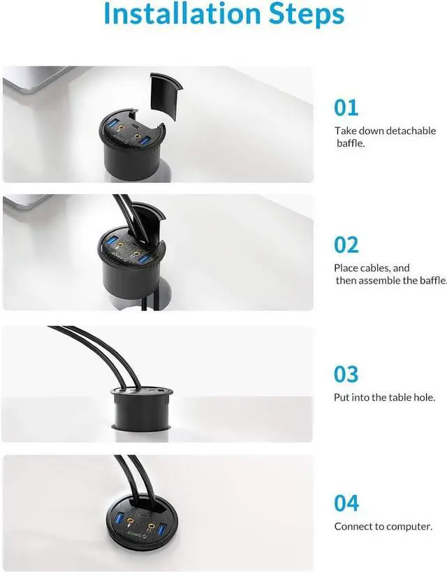 Alt view image 4 of 7 - Desk Grommet USB 3.0 Hub with 2 Type-A 1 Type-C Port, Mic & Audio Jack, 4.9Ft Long Cord for Diameter 60mm Hole, Desktop Cable Organizer, Home Office PC Accessories