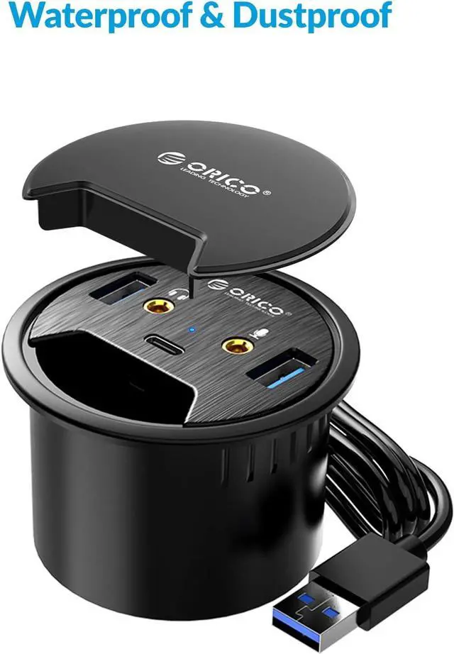 Alt view image 2 of 7 - Desk Grommet USB 3.0 Hub with 2 Type-A 1 Type-C Port, Mic & Audio Jack, 4.9Ft Long Cord for Diameter 60mm Hole, Desktop Cable Organizer, Home Office PC Accessories