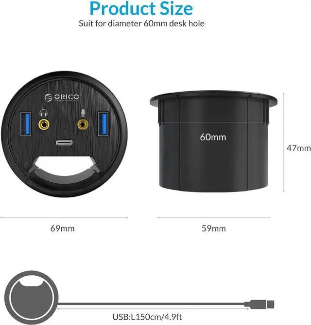 Alt view image 3 of 7 - Desk Grommet USB 3.0 Hub with 2 Type-A 1 Type-C Port, Mic & Audio Jack, 4.9Ft Long Cord for Diameter 60mm Hole, Desktop Cable Organizer, Home Office PC Accessories