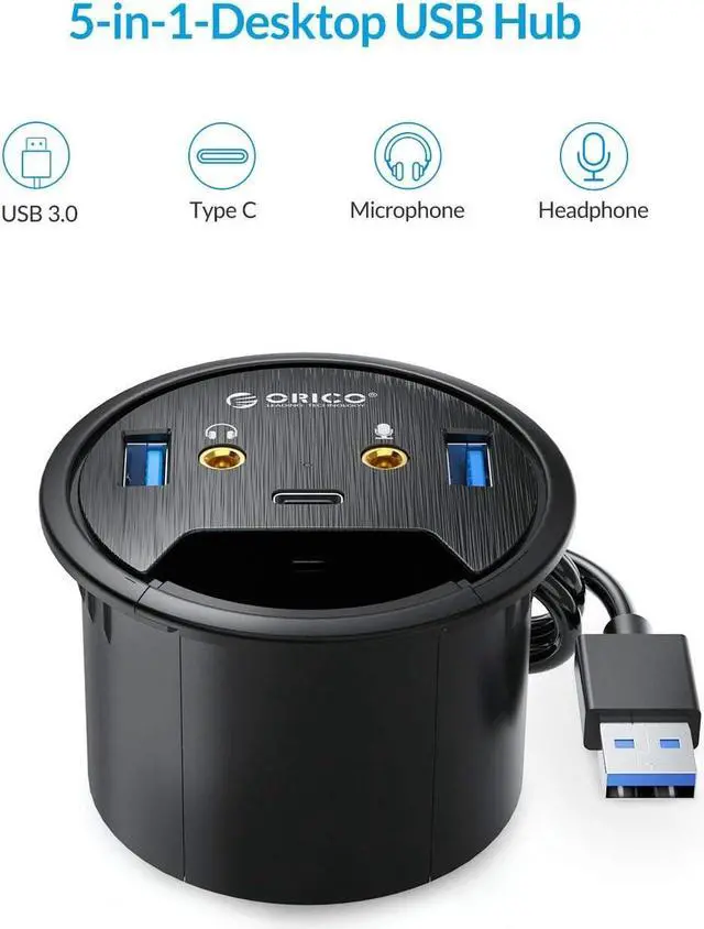 Alt view image 6 of 7 - Desk Grommet USB 3.0 Hub with 2 Type-A 1 Type-C Port, Mic & Audio Jack, 4.9Ft Long Cord for Diameter 60mm Hole, Desktop Cable Organizer, Home Office PC Accessories