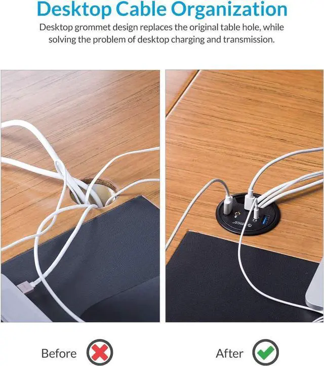 Alt view image 7 of 7 - Desk Grommet USB 3.0 Hub with 2 Type-A 1 Type-C Port, Mic & Audio Jack, 4.9Ft Long Cord for Diameter 60mm Hole, Desktop Cable Organizer, Home Office PC Accessories