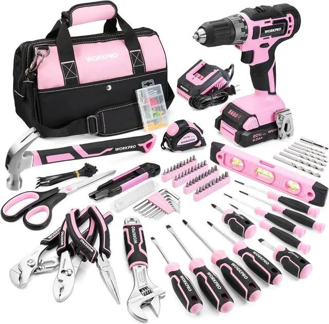 Main image of Pink Household Tool Kit with Drill, 157PCS Tool Set with 20V Cordless Lithium-ion Drill Driver, Home Tool Kit for All Purpose, Power Drill Sets with Pink Tool Bag - Pink Ribbon