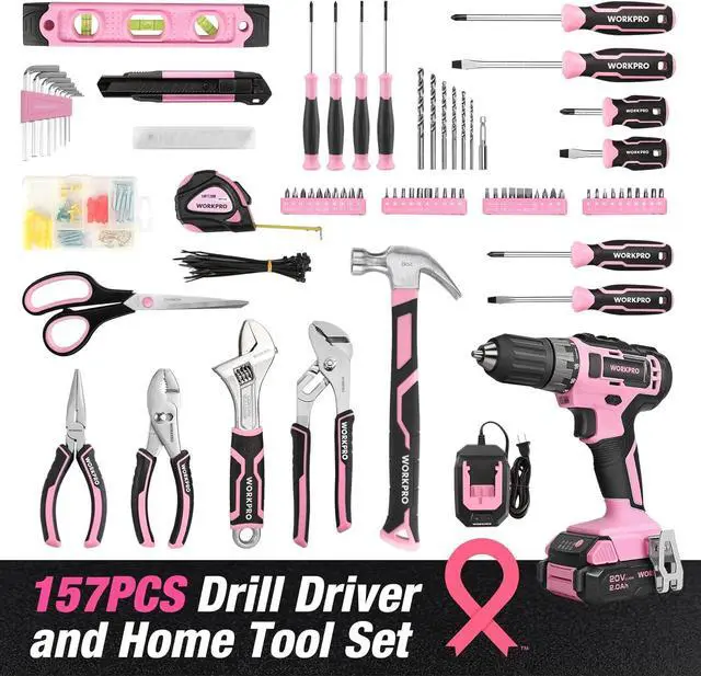 Alt view image 2 of 7 - Pink Household Tool Kit with Drill, 157PCS Tool Set with 20V Cordless Lithium-ion Drill Driver, Home Tool Kit for All Purpose, Power Drill Sets with Pink Tool Bag - Pink Ribbon