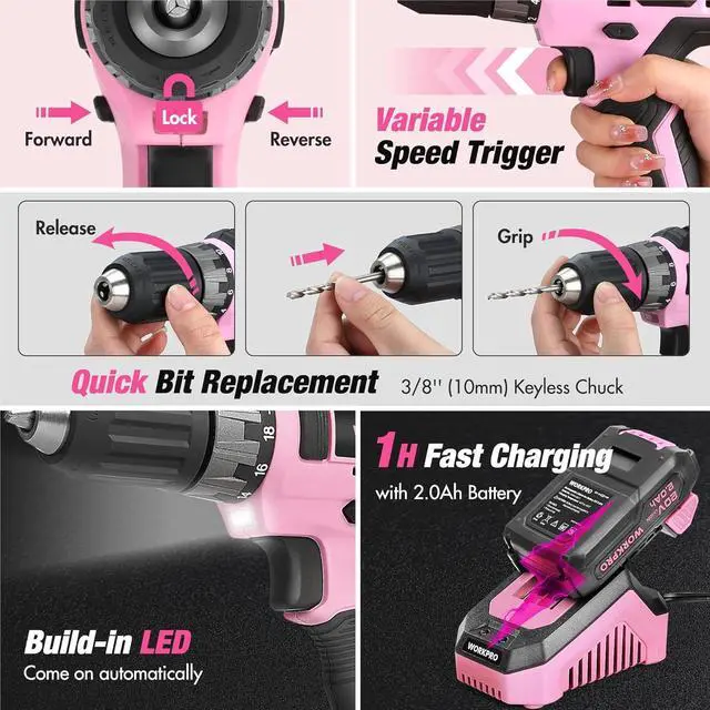 Alt view image 4 of 7 - Pink Household Tool Kit with Drill, 157PCS Tool Set with 20V Cordless Lithium-ion Drill Driver, Home Tool Kit for All Purpose, Power Drill Sets with Pink Tool Bag - Pink Ribbon