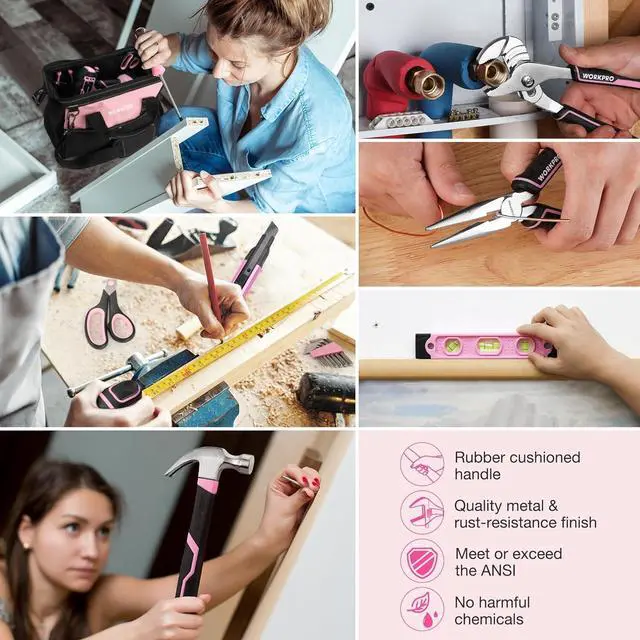 Alt view image 7 of 7 - Pink Household Tool Kit with Drill, 157PCS Tool Set with 20V Cordless Lithium-ion Drill Driver, Home Tool Kit for All Purpose, Power Drill Sets with Pink Tool Bag - Pink Ribbon