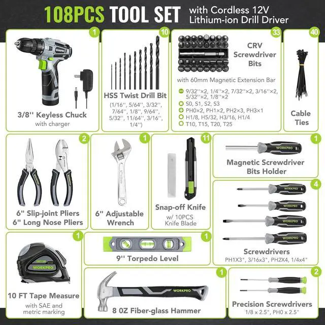 Alt view image 2 of 7 - Home Tool Kit with Power Drill, 108PCS Power Home Tool Set with 12V 1.5 Ah Battery Powered Screwdriver and Tool Box, Electric Cordless Drill Set with Keyless Chuck and Variable Speed Trigger