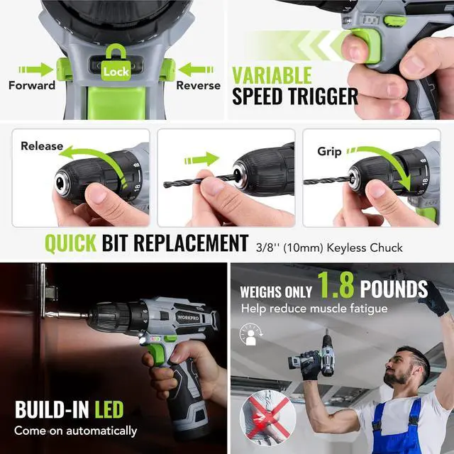 Alt view image 5 of 7 - Home Tool Kit with Power Drill, 108PCS Power Home Tool Set with 12V 1.5 Ah Battery Powered Screwdriver and Tool Box, Electric Cordless Drill Set with Keyless Chuck and Variable Speed Trigger