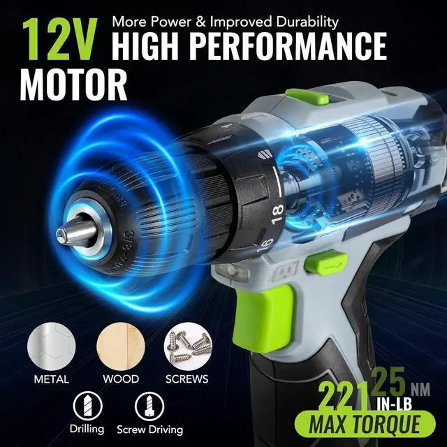 Alt view image 4 of 7 - Home Tool Kit with Power Drill, 108PCS Power Home Tool Set with 12V 1.5 Ah Battery Powered Screwdriver and Tool Box, Electric Cordless Drill Set with Keyless Chuck and Variable Speed Trigger