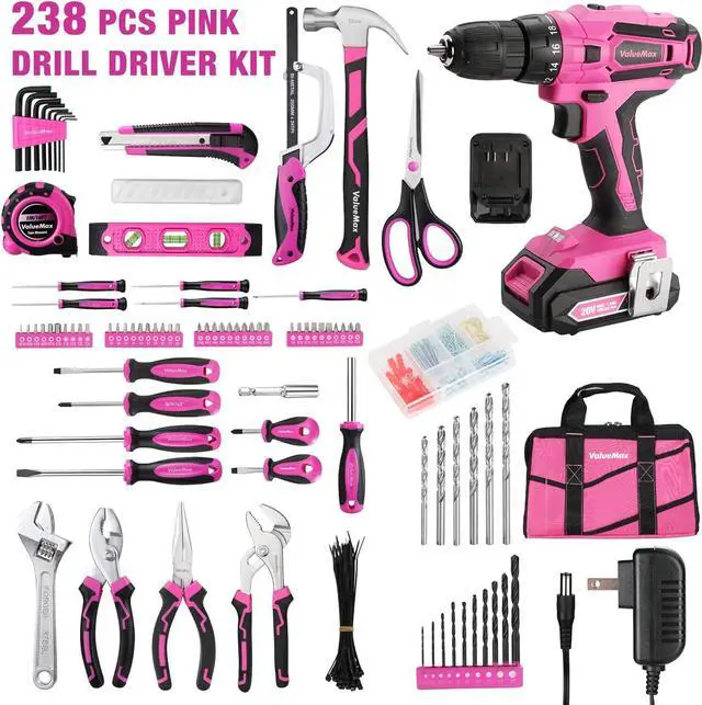 Alt view image 3 of 7 - Home Tool Kit with Drill, 238-Pieces Pink Tool Set with 20V Cordless Lithium-ion Drill, Power Tool Set with Wide Mouth Open Storage Bag, Basic Drill Sets Combo Kit for DIY and Daily Repair