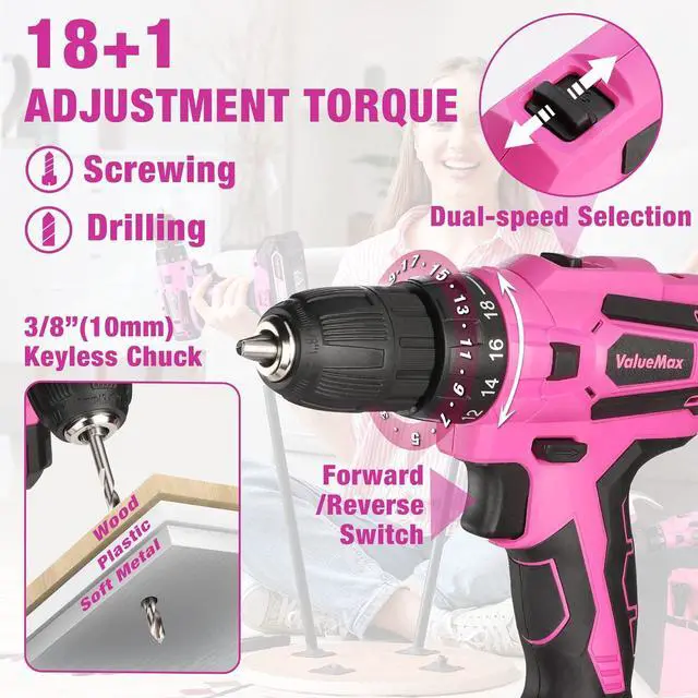 Alt view image 2 of 7 - Home Tool Kit with Drill, 238-Pieces Pink Tool Set with 20V Cordless Lithium-ion Drill, Power Tool Set with Wide Mouth Open Storage Bag, Basic Drill Sets Combo Kit for DIY and Daily Repair