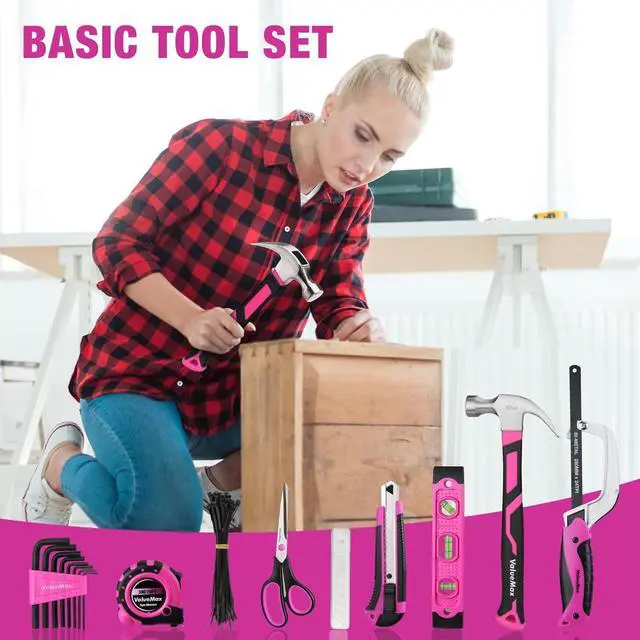 Alt view image 4 of 7 - Home Tool Kit with Drill, 238-Pieces Pink Tool Set with 20V Cordless Lithium-ion Drill, Power Tool Set with Wide Mouth Open Storage Bag, Basic Drill Sets Combo Kit for DIY and Daily Repair