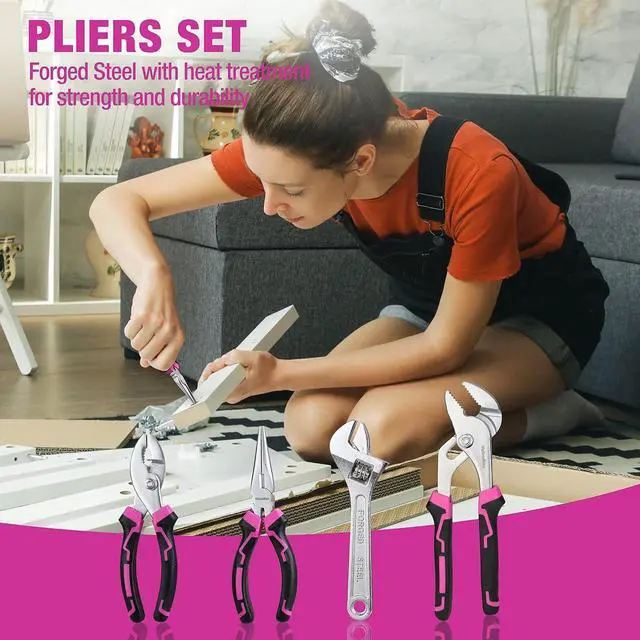Alt view image 5 of 7 - Home Tool Kit with Drill, 238-Pieces Pink Tool Set with 20V Cordless Lithium-ion Drill, Power Tool Set with Wide Mouth Open Storage Bag, Basic Drill Sets Combo Kit for DIY and Daily Repair