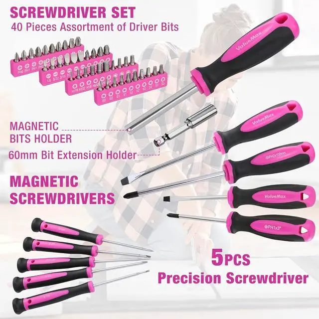 Alt view image 6 of 7 - Home Tool Kit with Drill, 238-Pieces Pink Tool Set with 20V Cordless Lithium-ion Drill, Power Tool Set with Wide Mouth Open Storage Bag, Basic Drill Sets Combo Kit for DIY and Daily Repair