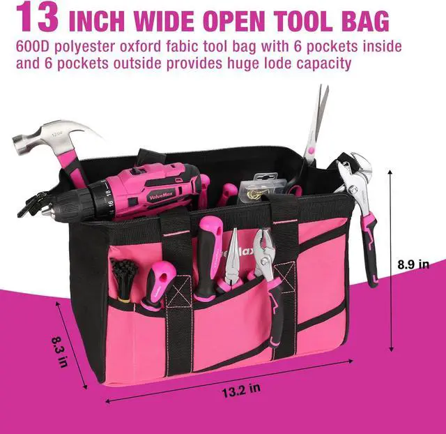 Alt view image 7 of 7 - Home Tool Kit with Drill, 238-Pieces Pink Tool Set with 20V Cordless Lithium-ion Drill, Power Tool Set with Wide Mouth Open Storage Bag, Basic Drill Sets Combo Kit for DIY and Daily Repair