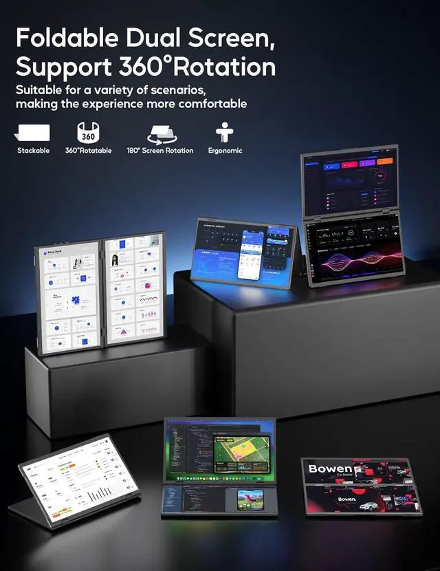 Alt view image 3 of 7 - Triple Laptop Screen Extender, 15.6" 1080P FHD IPS Folding Stacked Portable Monitor, USB C HDMI Travel Extended Computer Display w/VESA, 180°Rotation, Plug & Play for PCs (Wins Only)