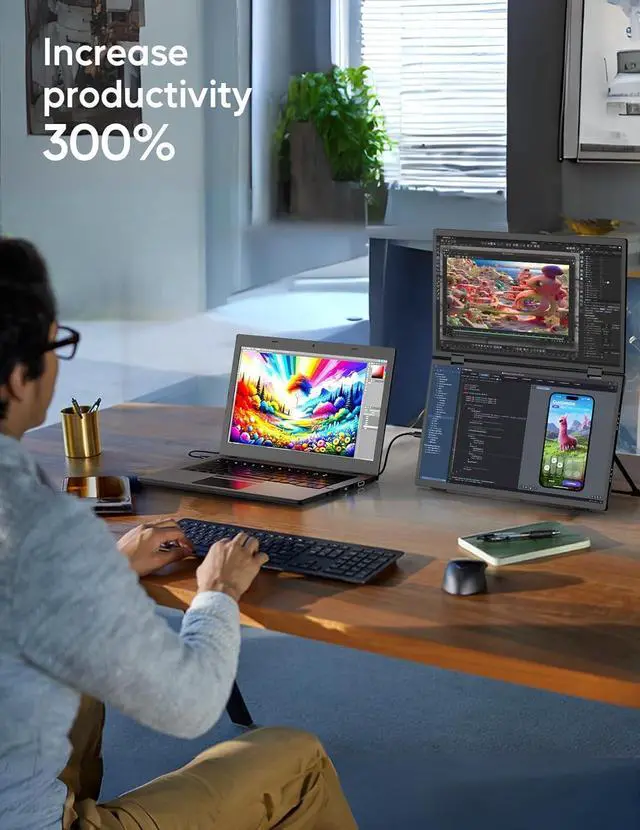 Alt view image 7 of 7 - Triple Laptop Screen Extender, 15.6" 1080P FHD IPS Folding Stacked Portable Monitor, USB C HDMI Travel Extended Computer Display w/VESA, 180°Rotation, Plug & Play for PCs (Wins Only)