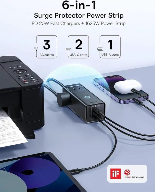 Alt view image 2 of 6 - Baseus Power Strip Surge Protector 1200J - PD20W USB C Charger Extension Cord with 3 AC Outlets & 3 USB Port Fast Charging Charging Station for Office Dorm Room Home