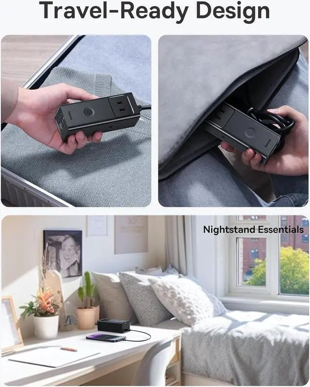 Alt view image 6 of 6 - Baseus Power Strip Surge Protector 1200J - PD20W USB C Charger Extension Cord with 3 AC Outlets & 3 USB Port Fast Charging Charging Station for Office Dorm Room Home