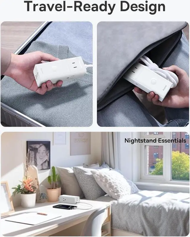 Alt view image 6 of 6 - Baseus Power Strip Surge Protector 1200J - PD20W USB C Charger Extension Cord with 3 AC Outlets & 3 USB Port Fast Charging Charging Station for Office Dorm Room Home White