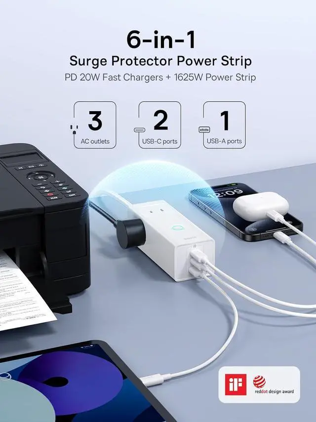 Alt view image 2 of 6 - Baseus Power Strip Surge Protector 1200J - PD20W USB C Charger Extension Cord with 3 AC Outlets & 3 USB Port Fast Charging Charging Station for Office Dorm Room Home White