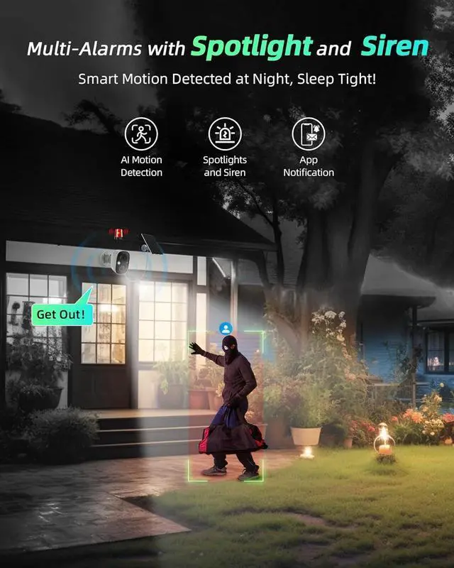 Alt view image 5 of 7 - Solar Security Camera Wireless Outdoor, 1080P Cameras for Home Security Outside with AI Motion Detection, Color Night Vision, Two-Way Talk, IP66 Weatherproof, 2.4GHz Wi-Fi, Cloud/SD Storage
