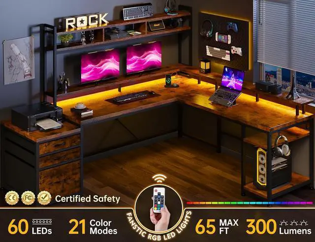 Alt view image 5 of 7 - 66" Gaming Desk with LED Large Reversible L Shaped Gaming Desk with Drawers & Storage Shelves Wide Gaming Computer Desk with Monitor Stand & Power Outlets Gaming Table for Home Office,Rustic Brown