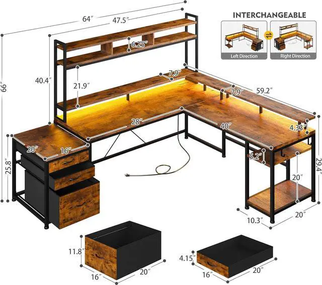 Alt view image 2 of 7 - 66" Gaming Desk with LED Large Reversible L Shaped Gaming Desk with Drawers & Storage Shelves Wide Gaming Computer Desk with Monitor Stand & Power Outlets Gaming Table for Home Office,Rustic Brown