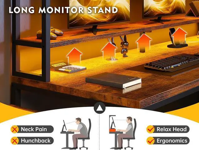 Alt view image 6 of 7 - 66" Gaming Desk with LED Large Reversible L Shaped Gaming Desk with Drawers & Storage Shelves Wide Gaming Computer Desk with Monitor Stand & Power Outlets Gaming Table for Home Office,Rustic Brown