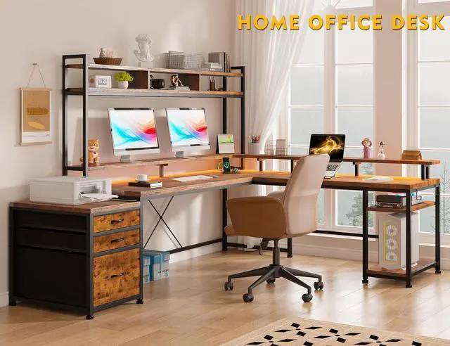 Alt view image 7 of 7 - 66" Gaming Desk with LED Large Reversible L Shaped Gaming Desk with Drawers & Storage Shelves Wide Gaming Computer Desk with Monitor Stand & Power Outlets Gaming Table for Home Office,Rustic Brown