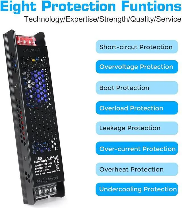 Alt view image 4 of 7 - 24V Power Supply, 8.5A 200W Universal Regulated Switching Power Supply Adapter, 110-250V AC to 24V DC Transformer, Converter, LED Driver for LED Strip Lighting Project 3D Printer CCTV Radio