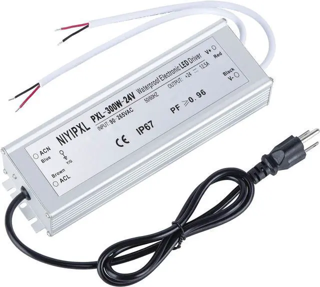 Main image of LED Driver 300 Watts(150W X2) 24V DC Transformer, Waterproof IP67 Power Supply, 24V DC Low Voltage Output Adapter with 3-Prong Plug 3.3 Feet Cable for LED Light, Computer Project, Outdoor Light