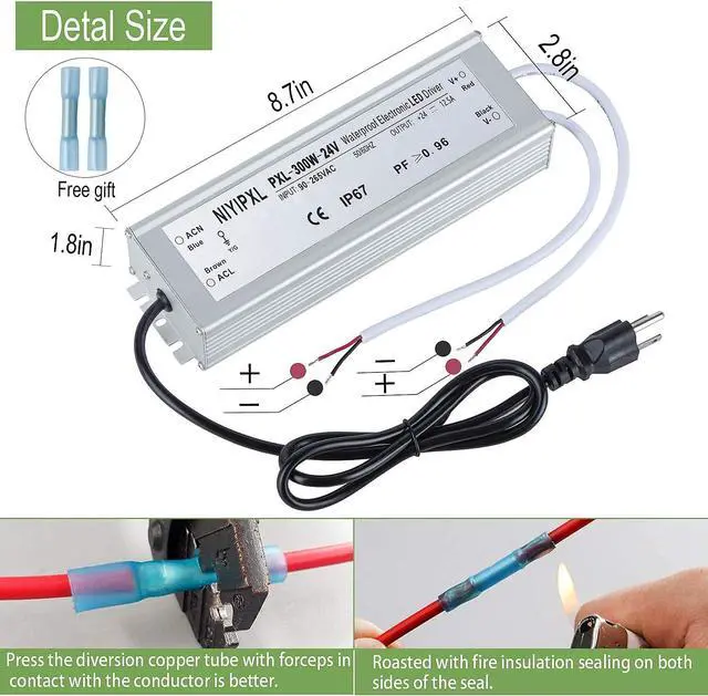 Alt view image 6 of 7 - LED Driver 300 Watts(150W X2) 24V DC Transformer, Waterproof IP67 Power Supply, 24V DC Low Voltage Output Adapter with 3-Prong Plug 3.3 Feet Cable for LED Light, Computer Project, Outdoor Light