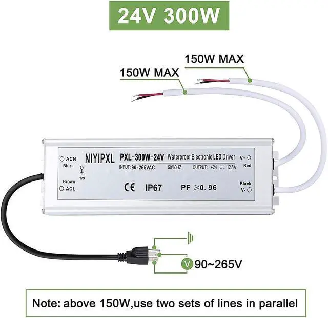 Alt view image 7 of 7 - LED Driver 300 Watts(150W X2) 24V DC Transformer, Waterproof IP67 Power Supply, 24V DC Low Voltage Output Adapter with 3-Prong Plug 3.3 Feet Cable for LED Light, Computer Project, Outdoor Light