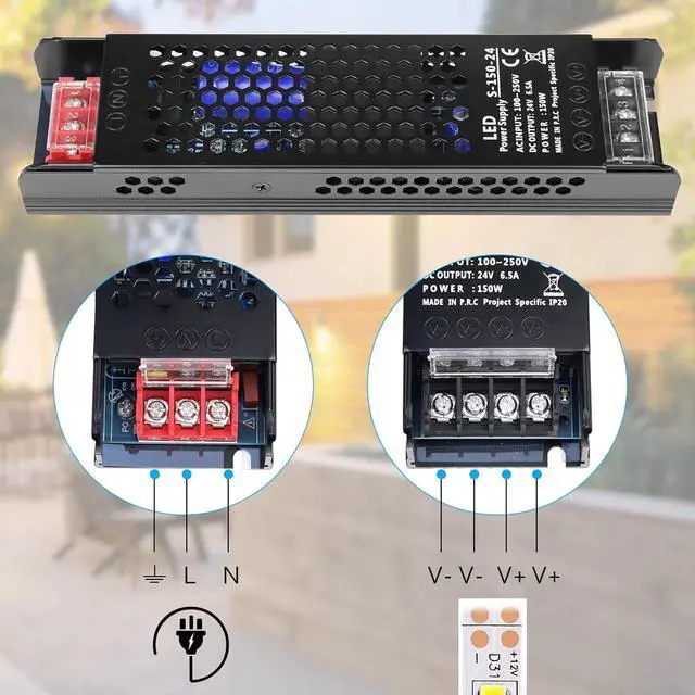 Alt view image 6 of 7 - 24V 150W Power Supply, AC 110~250V to 24 Volt 6.5A Universal DC Power Supply, Upgraded LED Switching Power Transformer Driver, Converter Adapter for LED Strip Light,Camera CCTV