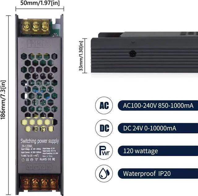 Alt view image 4 of 7 - 24V Power Supply,120W DC 24V LED Power Supply Driver Waterproof IP20 AC 100-240V to DC 24V LED Transformer Switching Converter for LED Strip Lights CCTV Computer Project LED Display