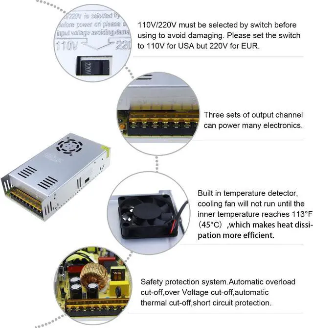 Alt view image 3 of 7 - DC 24V 15A 360W Power Supply Universal Regulated Switching Transformer Adapter LED Driver 110V/220V AC Input for LED Strip CCTV Radio