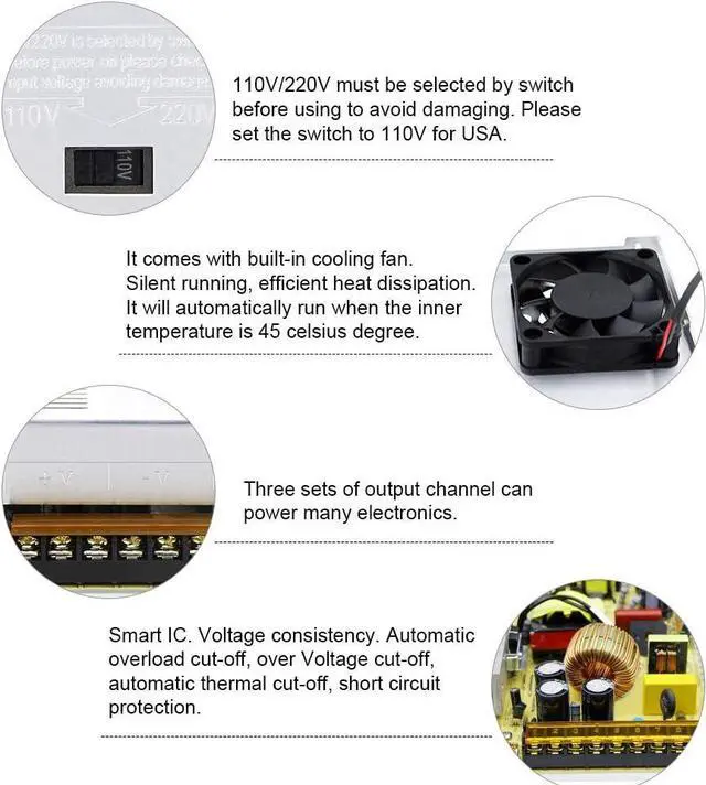 Alt view image 4 of 6 - 24V DC Power Supply 15A 360W AC/DC Adapter, 24 Volt 15 Amp Switching Power Converter Transformer LED Driver 110V / 220V AC in for LED Light Strip 3D Printer CCTV Security System LCD Monitor