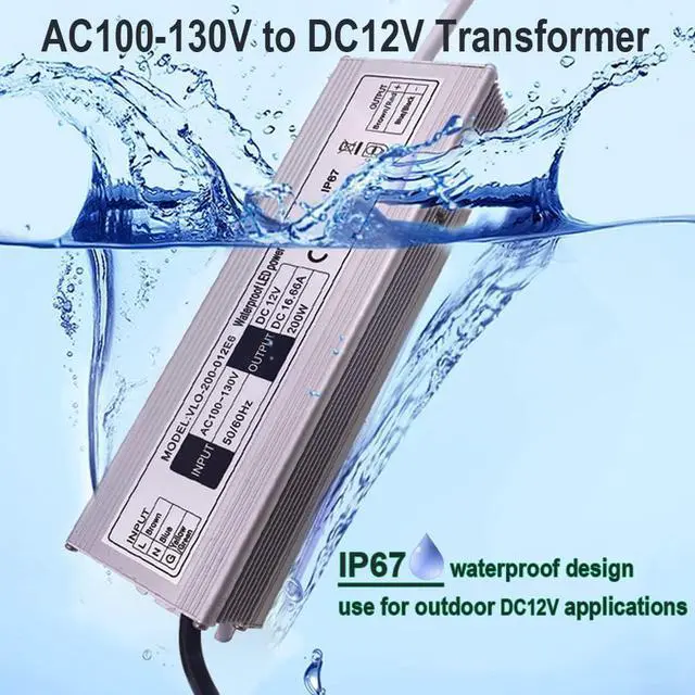 Alt view image 2 of 7 - 12V LED Power Supply 200W Low Voltage Transformer Adapter,AC90-130V to DC12V 16.66A 200 Watts LED Driver Waterproof IP67 for Indoor and Outdoor LED Lights Use